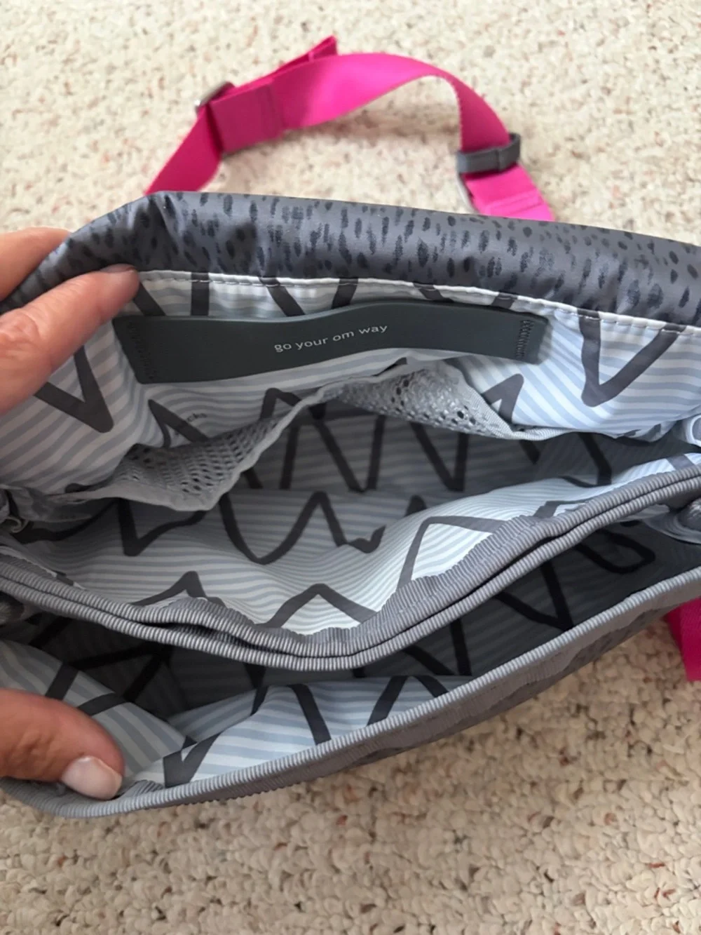 lululemon athletica Gray Patterned Crossbody with Pink Strap.